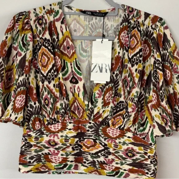 ZARA Ikat Print Puff Sleeve Crop Top - Size M NWT - Picture 8 of 12